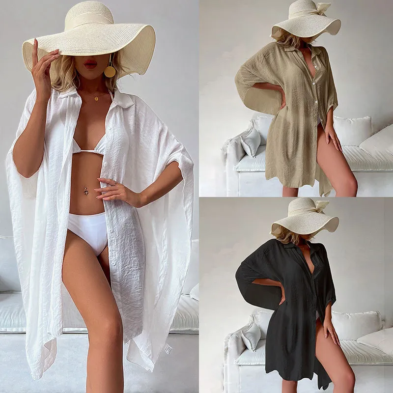 Classic Trendy Button up Shirt Collar Half Sleeve White Linen Plus Size Beach Cover up for Women Best Beach Cover up Manufacture China