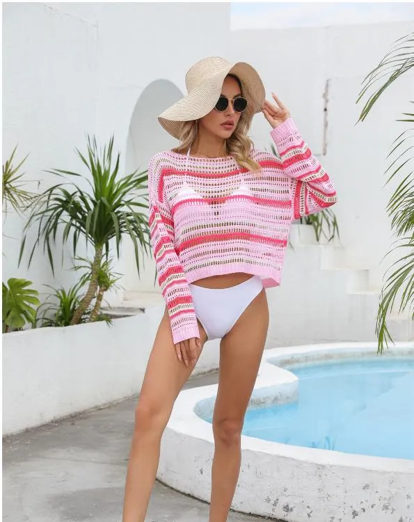 2024 Summer New Amazon Cross Border Foreign Trade Women&prime;s Bikini Hollow Mesh Beach Clothing Sun Protection Knitwear Sweater Clothes Sexy Sweatshirts Knitted