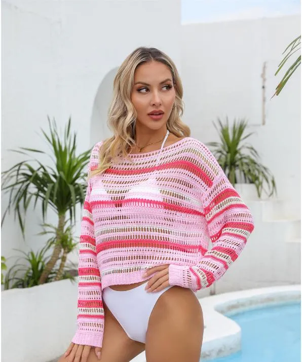 2024 Summer New Amazon Cross Border Foreign Trade Women&prime;s Bikini Hollow Mesh Beach Clothing Sun Protection Knitwear Sweater Clothes Sexy Sweatshirts Knitted