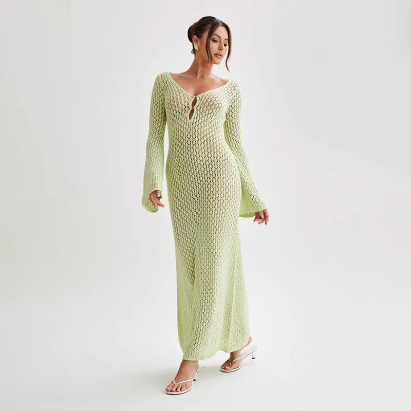 2025 New Solid Color Long Sleeve V Neck Pin Button Diamond Jacquard Cut out Long Women&prime;s Sexy Crochet Beach Cover up Wholesale Beach Cover UPS China