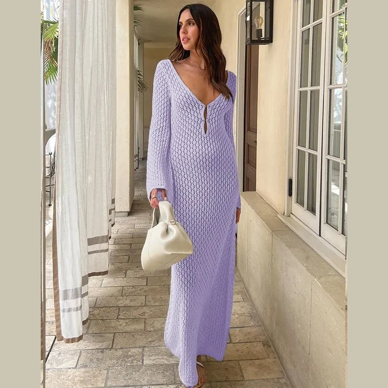 2025 New Solid Color Long Sleeve V Neck Pin Button Diamond Jacquard Cut out Long Women&prime;s Sexy Crochet Beach Cover up Wholesale Beach Cover UPS China