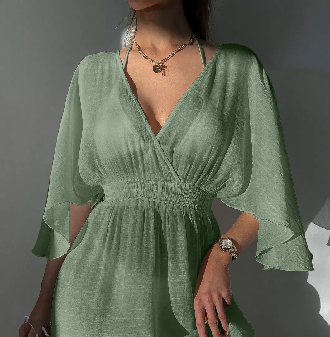 Women&prime;s V Neck Long Ruffle Sleeve MIDI Cover up