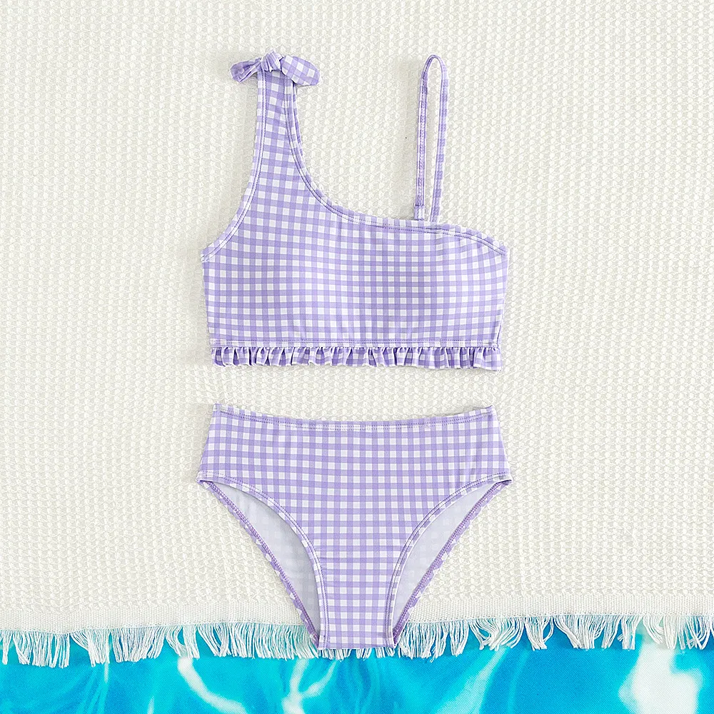 Purple Check Print Ruffle Bottom Two Piece Girls&prime; Swimsuits