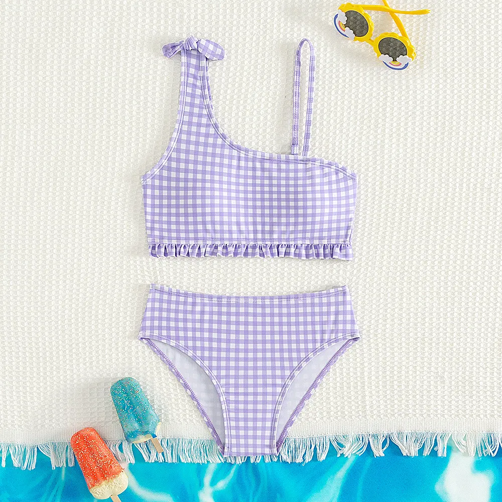 Purple Check Print Ruffle Bottom Two Piece Girls&prime; Swimsuits