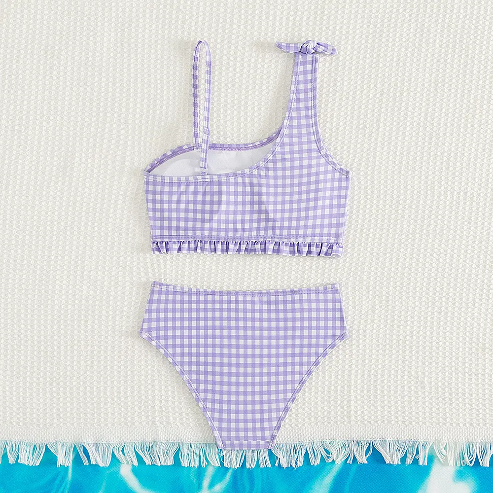 Purple Check Print Ruffle Bottom Two Piece Girls&prime; Swimsuits