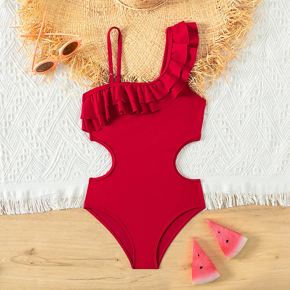 Girl&prime;s Red Ruffle Edge Cut out Waist One Piece Swimsuit