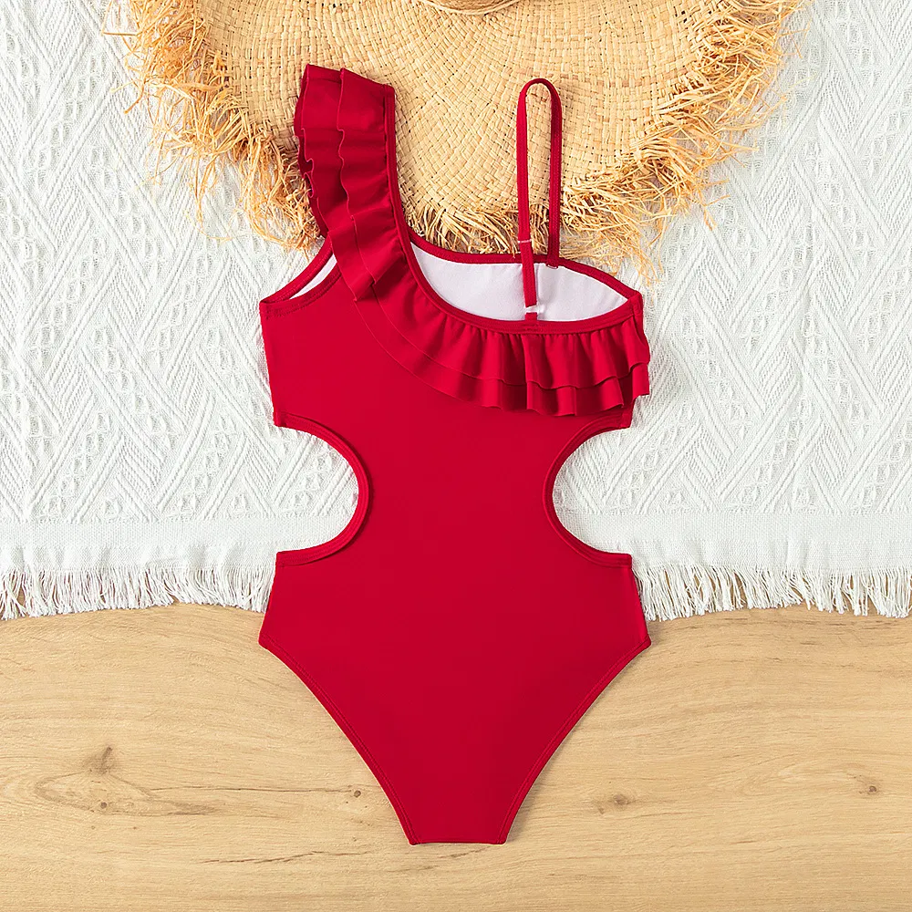 Girl&prime;s Red Ruffle Edge Cut out Waist One Piece Swimsuit