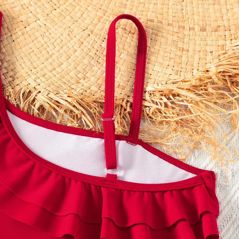 Girl&prime;s Red Ruffle Edge Cut out Waist One Piece Swimsuit