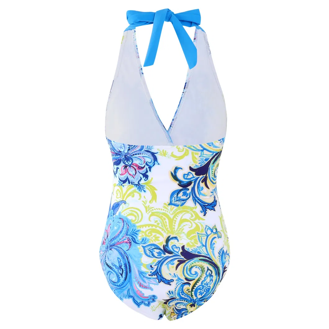 Girls&prime; Lovely Flower Printing Bowknot Waist Band Halter One Piece Swimsuit