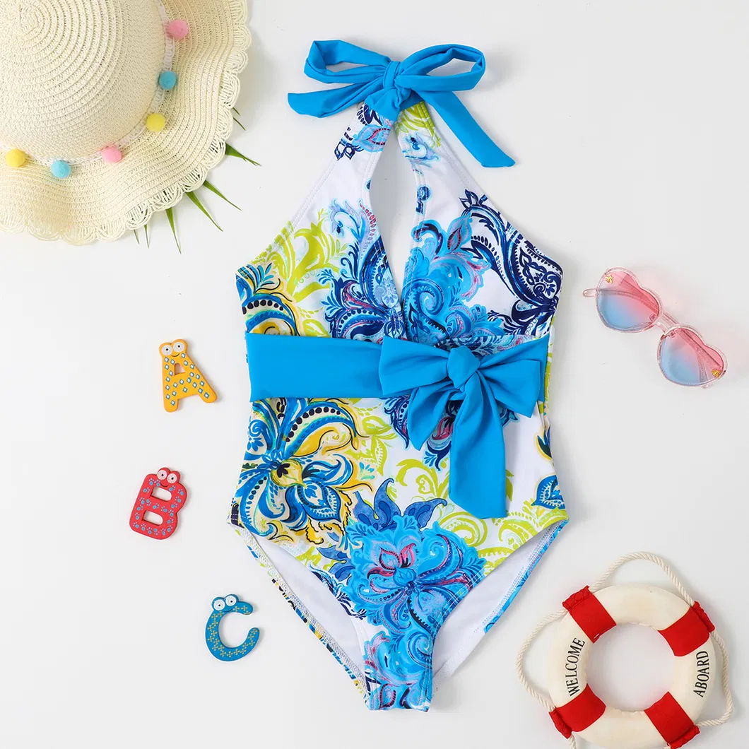 Girls&prime; Lovely Flower Printing Bowknot Waist Band Halter One Piece Swimsuit