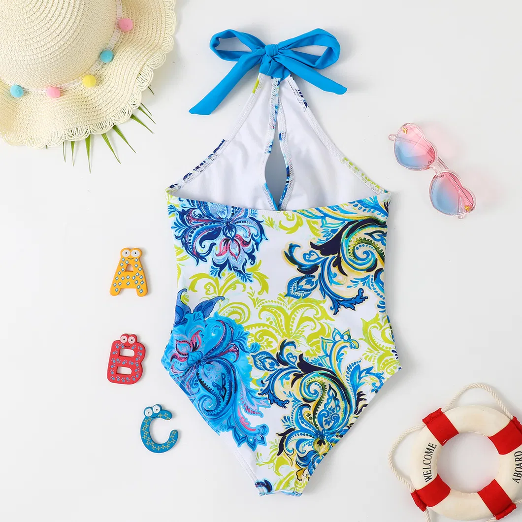 Girls&prime; Lovely Flower Printing Bowknot Waist Band Halter One Piece Swimsuit