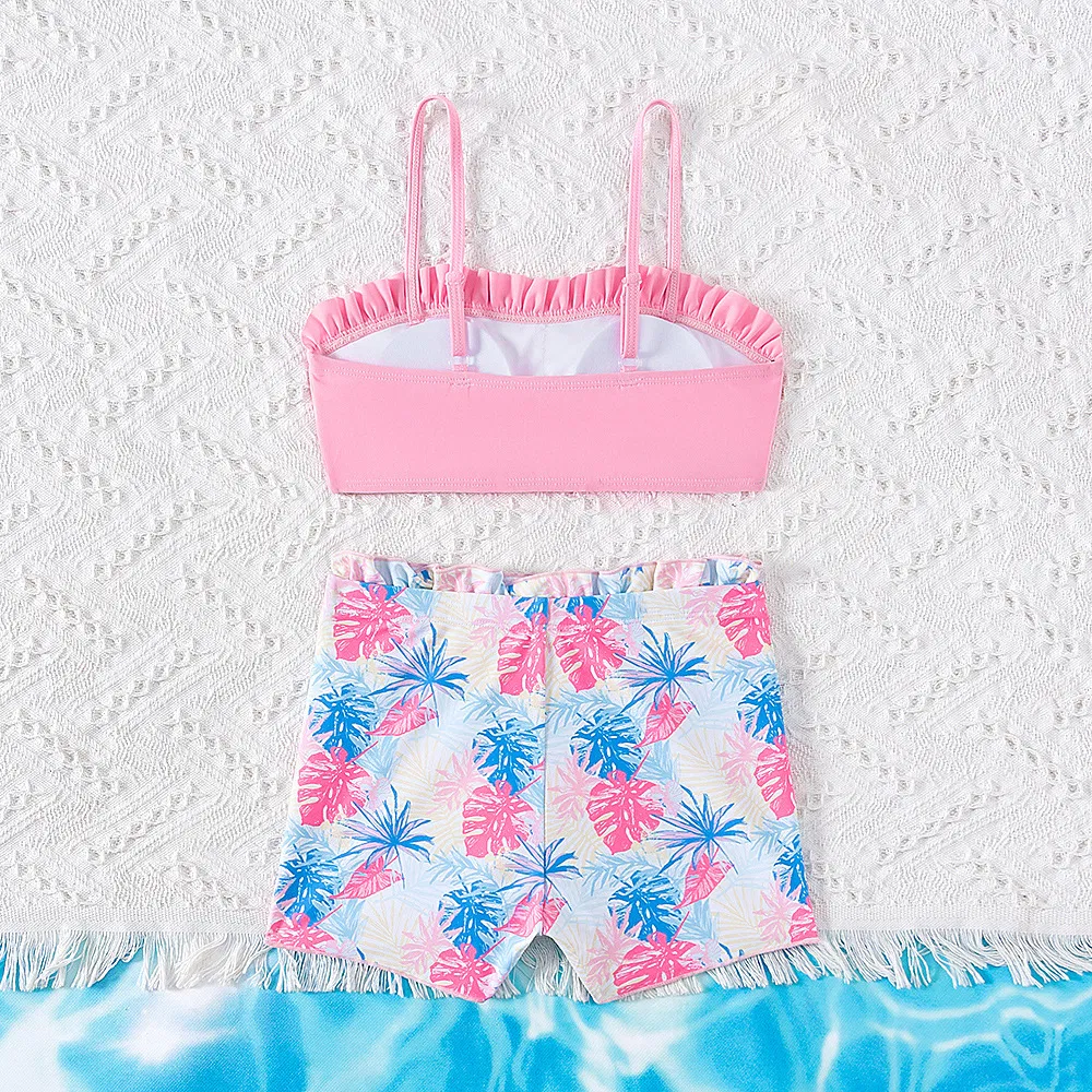 Girls&prime; Cute Pink Crop Top Leaf Print Shorts Two Piece Swimsuits