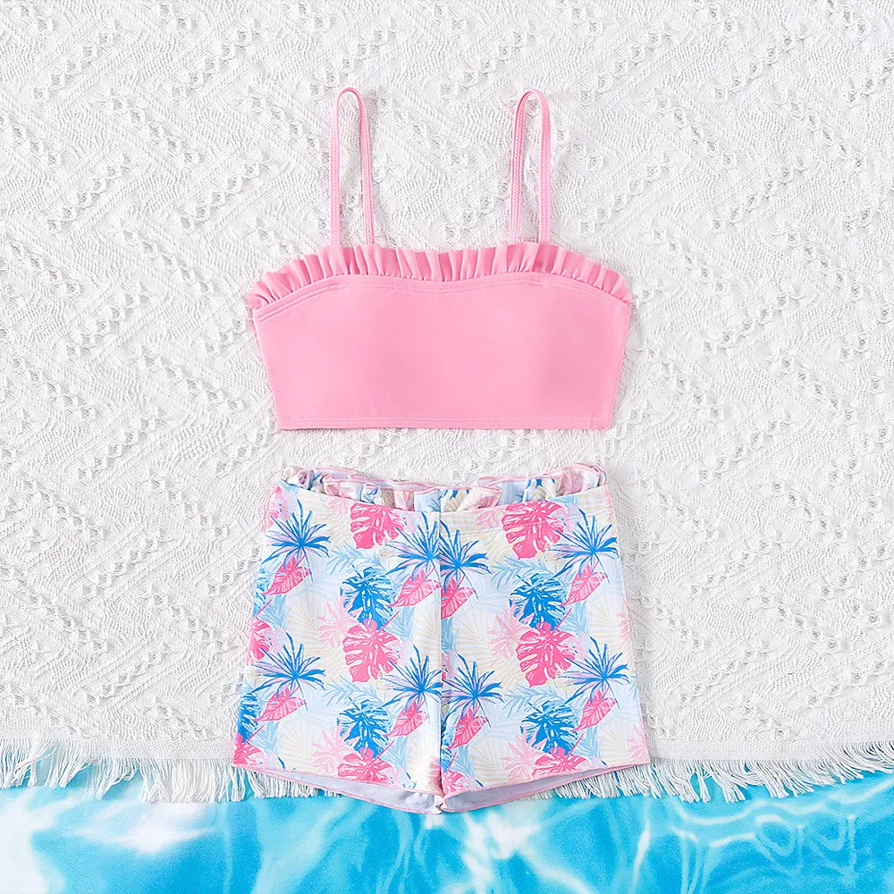 Girls&prime; Cute Pink Crop Top Leaf Print Shorts Two Piece Swimsuits