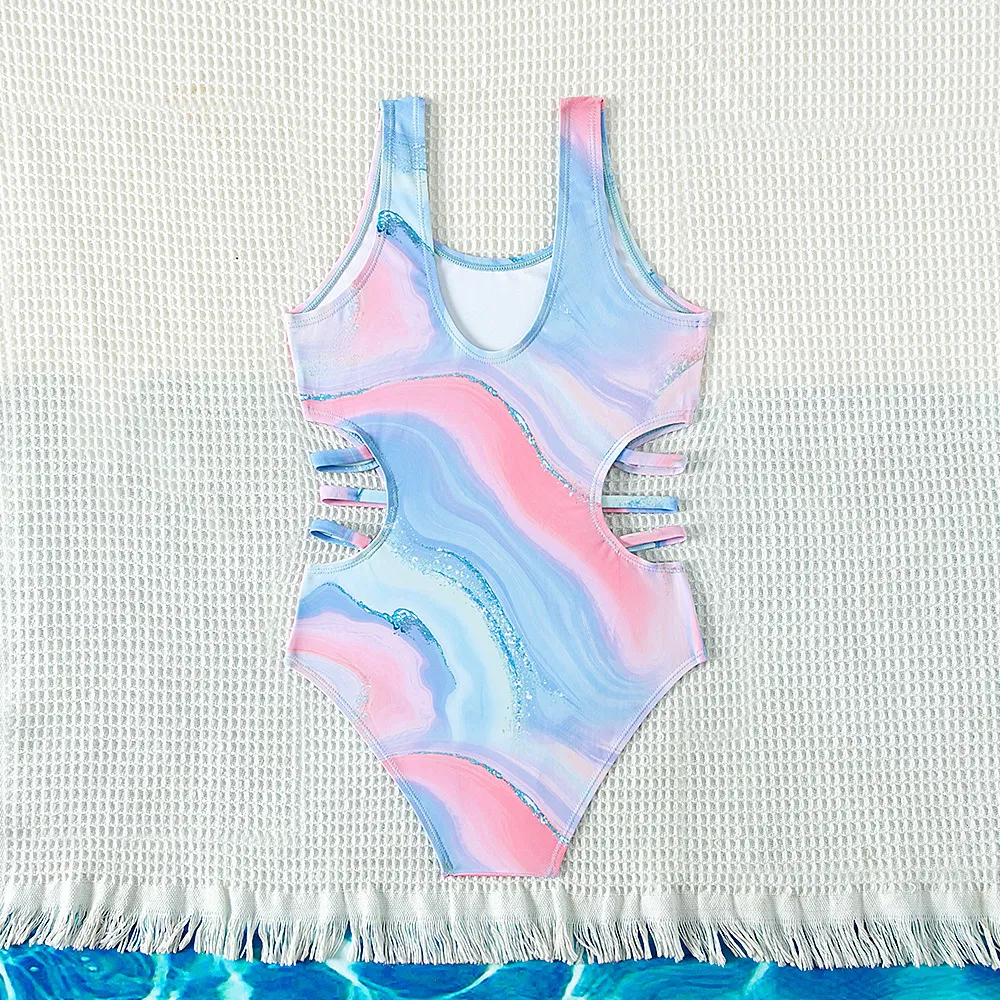 Girl&prime;s Tie Dye Cut out Waist One Piece Swimwear