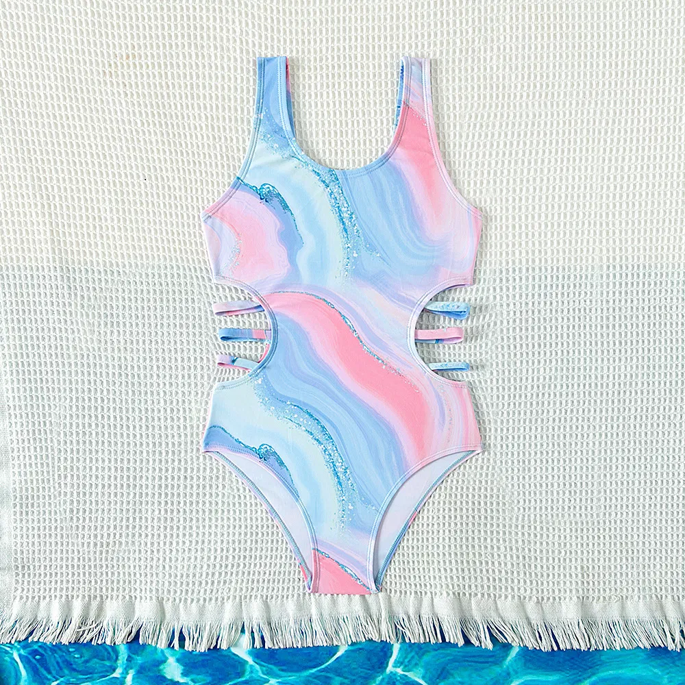 Girl&prime;s Tie Dye Cut out Waist One Piece Swimwear