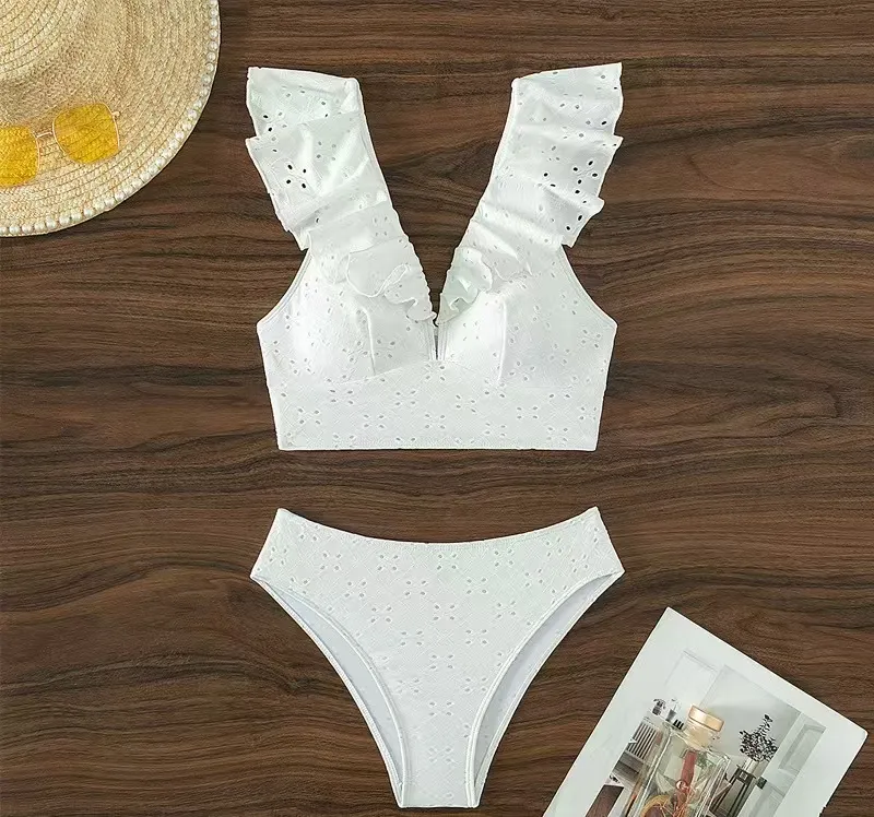 2025 Women&prime;s White Jacquard Fabric Ruffle V Neck 2 Pieces Swimsuits Best OEM/ODM Swimwear &amp; Beach Cover up Manufacturer China