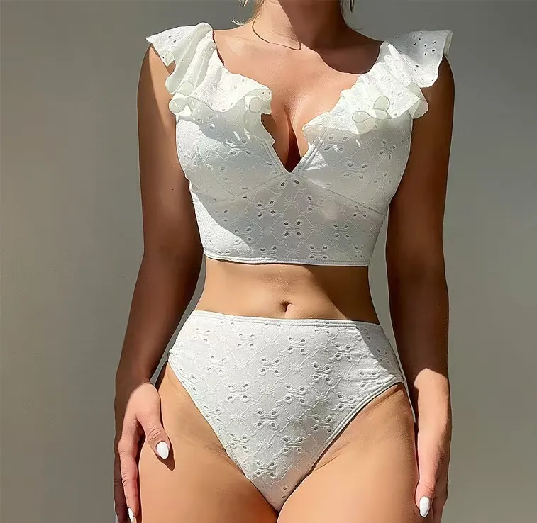 2025 Women&prime;s White Jacquard Fabric Ruffle V Neck 2 Pieces Swimsuits Best OEM/ODM Swimwear &amp; Beach Cover up Manufacturer China