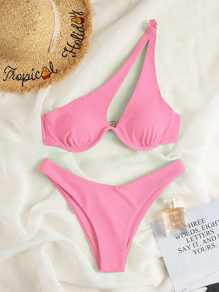 2024 Solid Color Hot Spring Split Swimsuit for Women Sexy Single Shoulder Steel Support Swimsuit