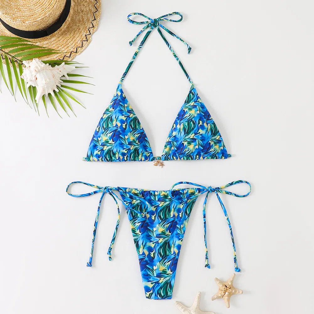 2025 New Sexy Printed Women&prime;s Triangle Brazilian High Cut Two Pieces Tie Bikinis Wtih Charm China Swimwear Manufacturer