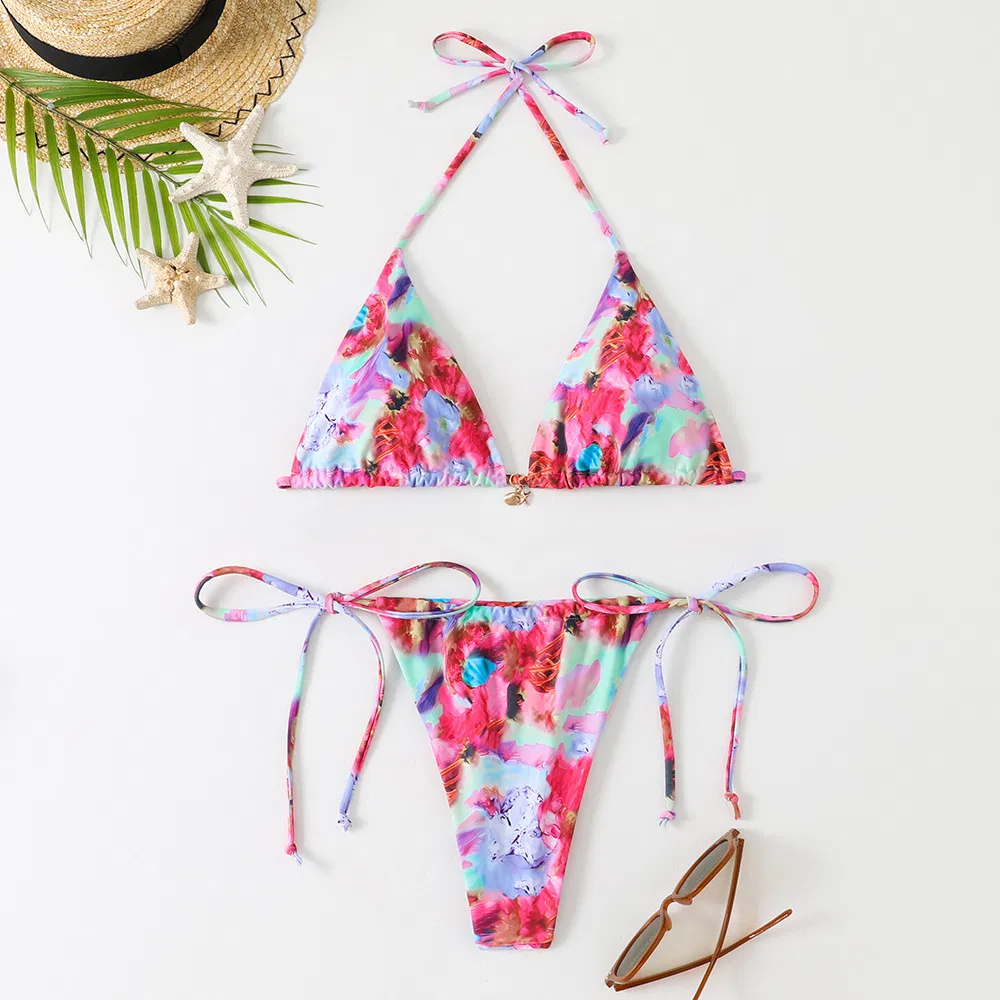 2025 New Sexy Printed Women&prime;s Triangle Brazilian High Cut Two Pieces Tie Bikinis Wtih Charm China Swimwear Manufacturer