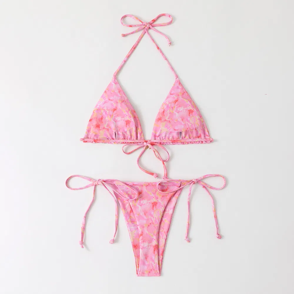 2025 New Sexy Printed Women&prime;s Triangle Brazilian High Cut Two Pieces Tie Bikinis Wtih Charm China Swimwear Manufacturer