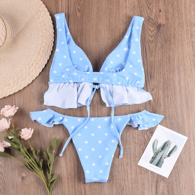 2025 New Women&prime;s Ruffle Edge Tie Front High Waisted Sexy Bikini Swimsuits Cheap Swimwear Manufacturers China