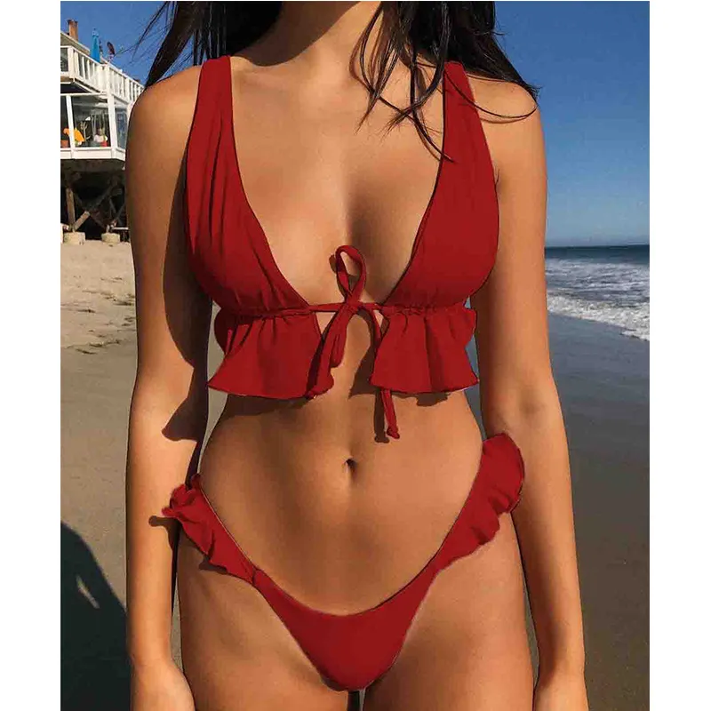 2025 New Women&prime;s Ruffle Edge Tie Front High Waisted Sexy Bikini Swimsuits Cheap Swimwear Manufacturers China