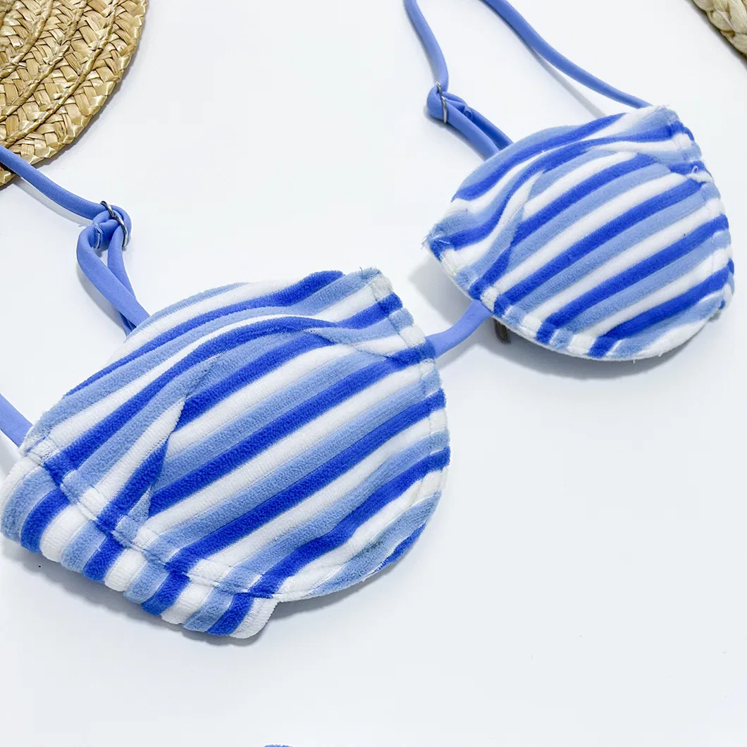 2025 New Terry Striped Underwire Cup Thong Bottom Bikini Women&prime;s Two Pieces Sexy Swimsuits Lead Bikini Manufacturer