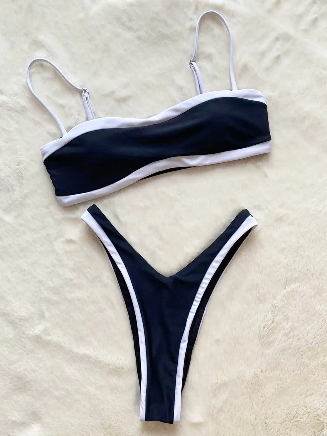 2025 New Women&prime;s Black High Waisted Sexy Two Pieces Swimsuit with White Edge for Women Swimwear Private Label Manufacturers