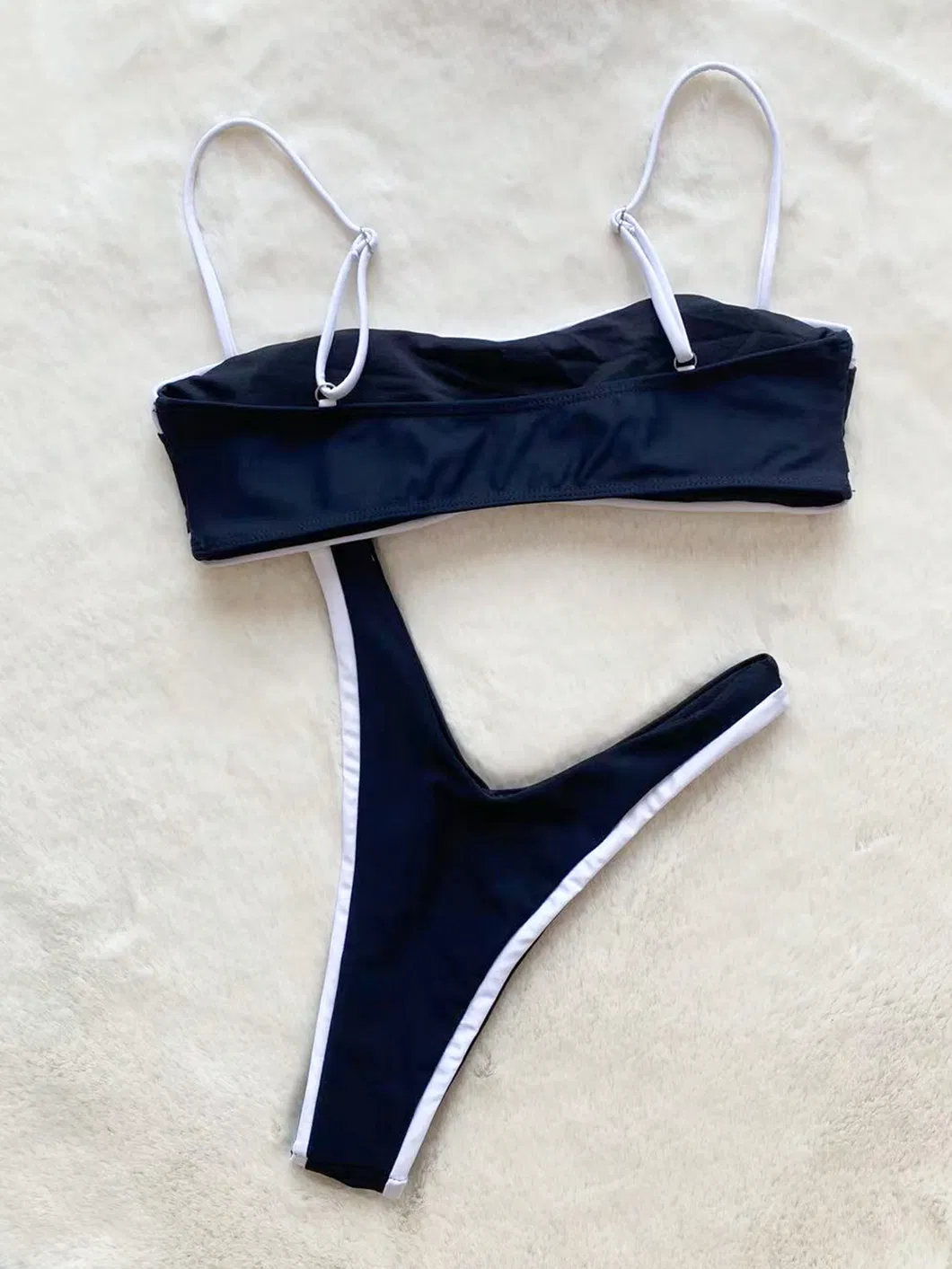 2025 New Women&prime;s Black High Waisted Sexy Two Pieces Swimsuit with White Edge for Women Swimwear Private Label Manufacturers