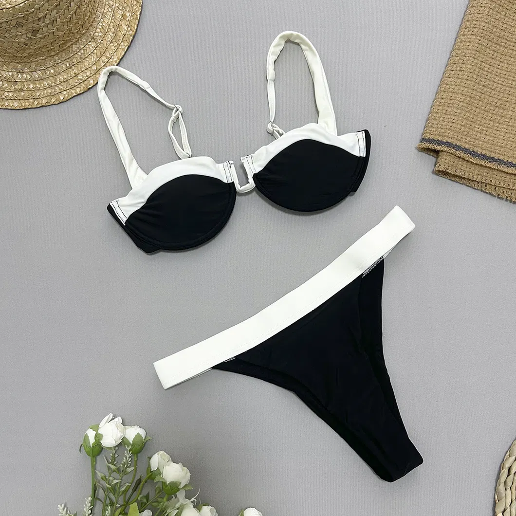 2025 New High Waisted Bikini for Women Black and White Blocked Swimsuit with Underwire Cup ODM Swimwear Manufacturer Factory China