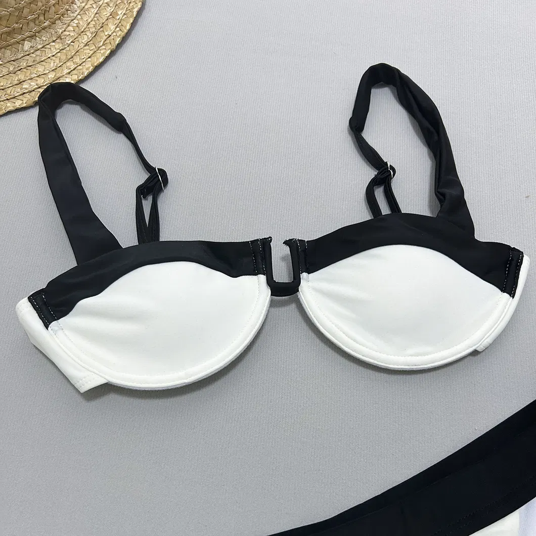 2025 New High Waisted Bikini for Women Black and White Blocked Swimsuit with Underwire Cup ODM Swimwear Manufacturer Factory China