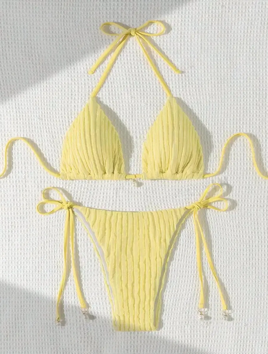 2025 New Sexy Two Pieces Ruffle Fabric String Bikini with Pearl Charm for Women Wholesale Swimwear Manufacturer in China