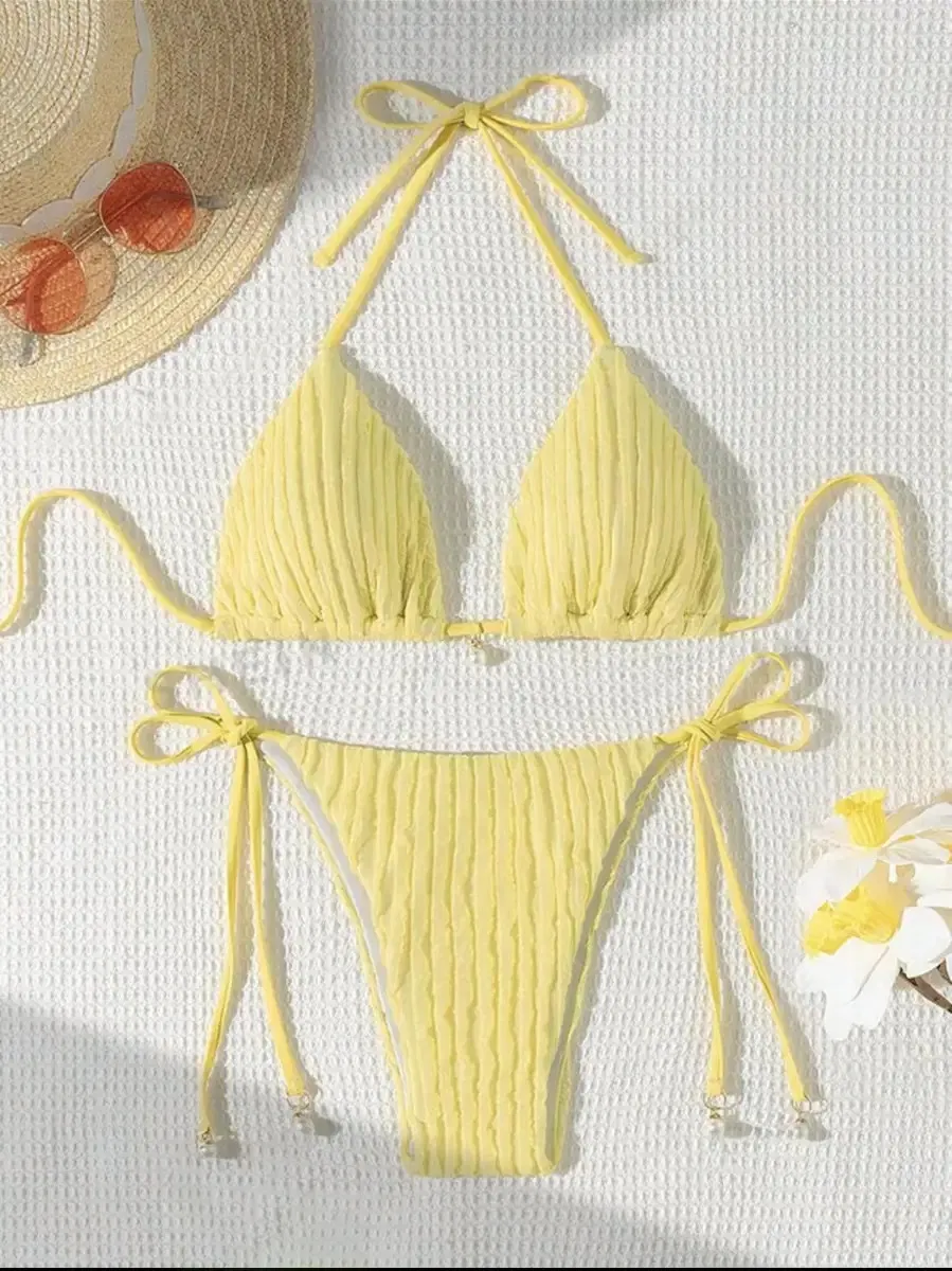 2025 New Sexy Two Pieces Ruffle Fabric String Bikini with Pearl Charm for Women Wholesale Swimwear Manufacturer in China