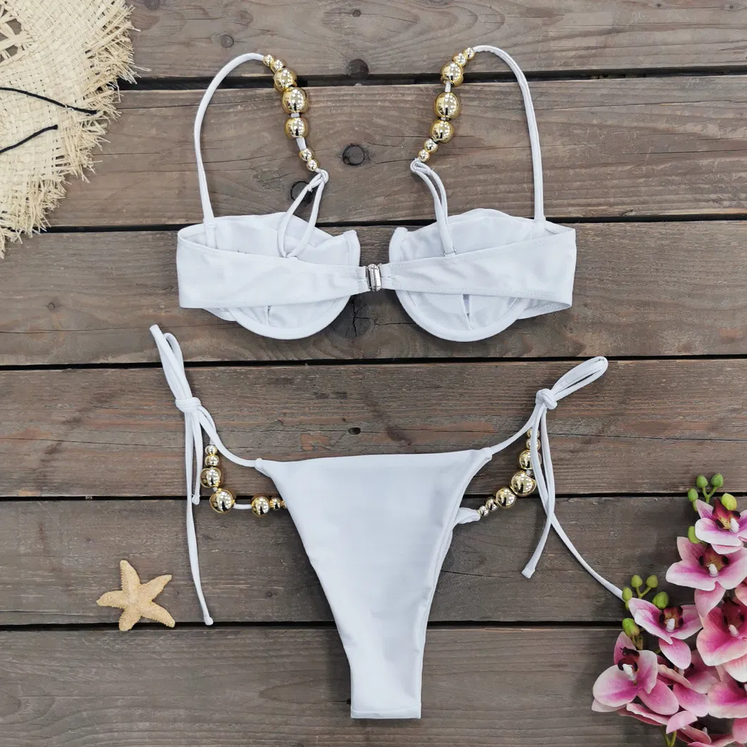 2025 New Sexy Solid Color Underwire Cup Two Pieces Bikini with Gold Beads Straps for Women Brazilian Swimwear Manufacturers