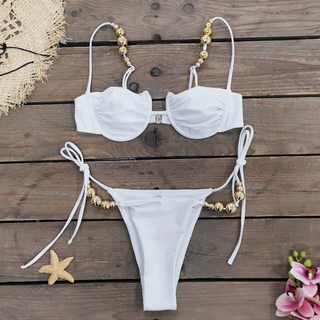 2025 New Sexy Solid Color Underwire Cup Two Pieces Bikini with Gold Beads Straps for Women Brazilian Swimwear Manufacturers