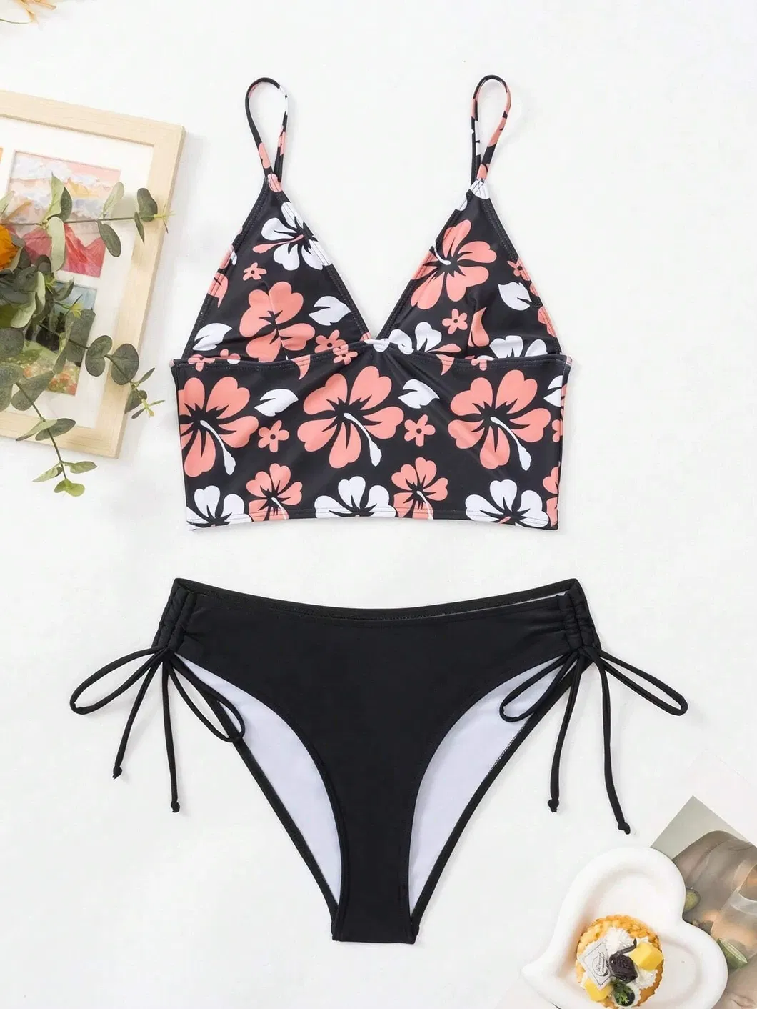 2025 New Fashion Hibiscus Prints V Neck Two Piece Swimsuit for Women Cheap Swimwear Manufacturers China