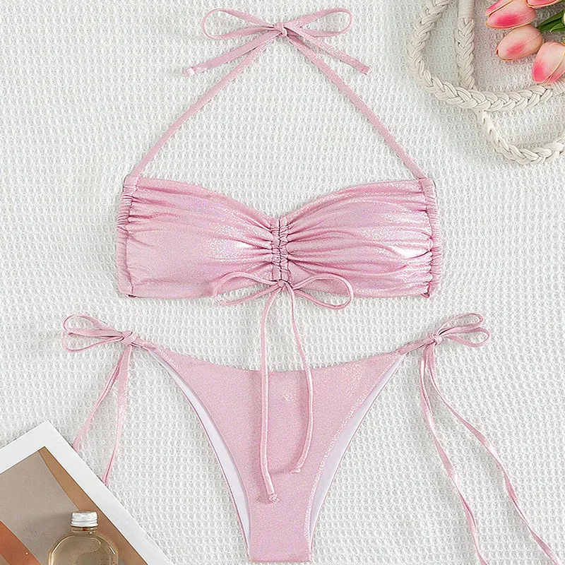 2025 New Halter Pink Mettalic String High Waisted Two Piece Swimsuits