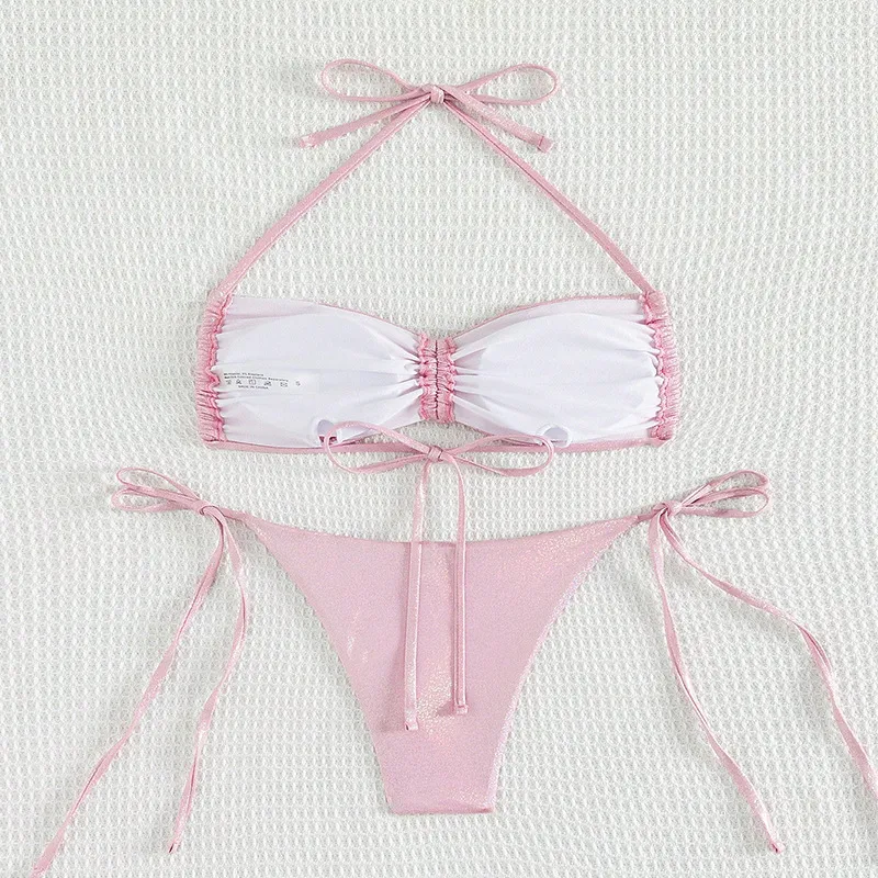 2025 New Halter Pink Mettalic String High Waisted Two Piece Swimsuits