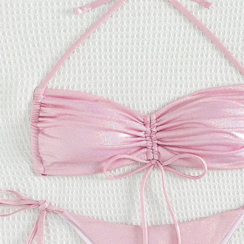 2025 New Halter Pink Mettalic String High Waisted Two Piece Swimsuits