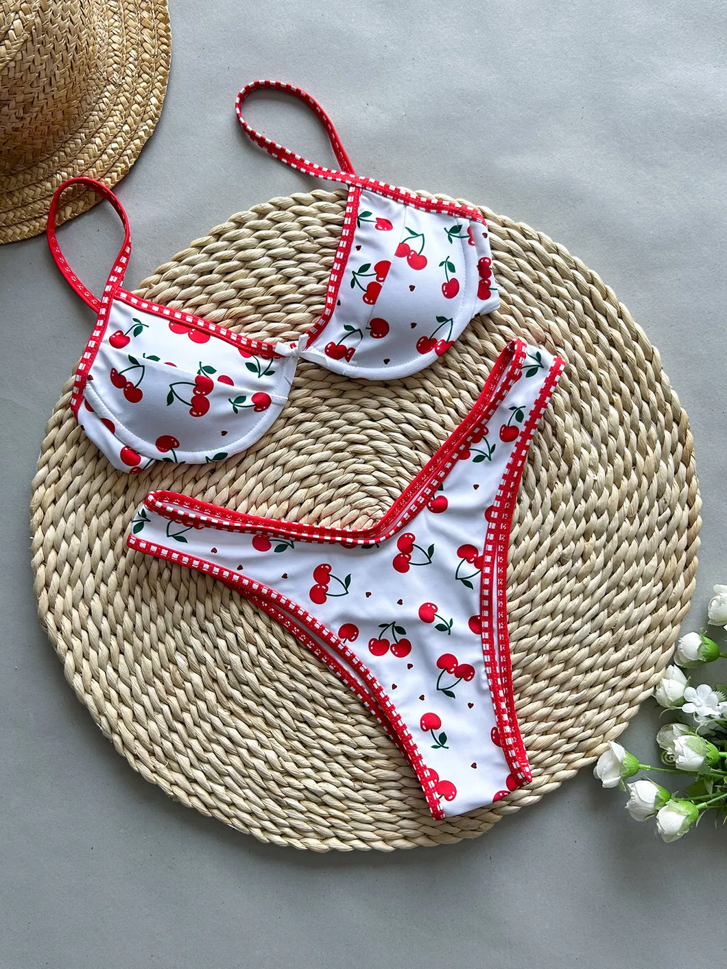 2025 New Women Sexy Cherry Print High Waisted Bikini with Bow Accessories Young Women Underwire Cup Two Pieces Swimsuit Lead Swimwear Manufacturer