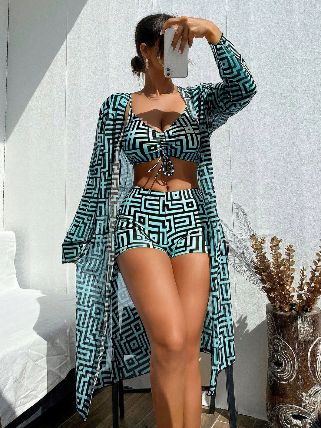 2025 New Women&prime;s Geometric Print String Top Bodyshort Bottom Maxi Cover up 3 Pieces Swimsuits