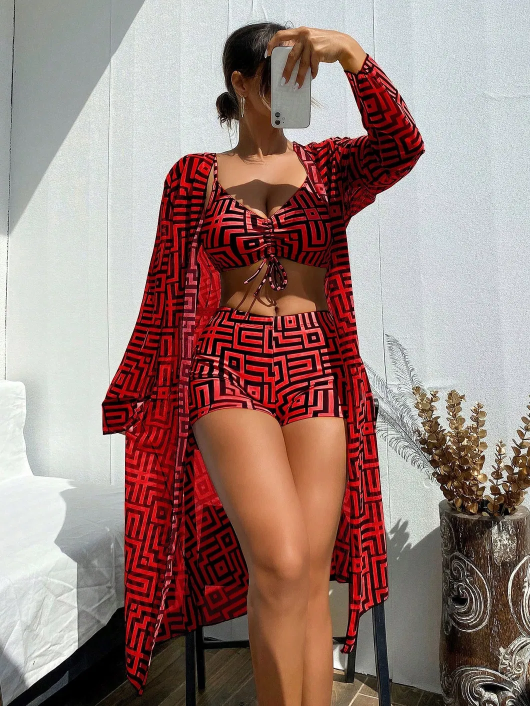 2025 New Women&prime;s Geometric Print String Top Bodyshort Bottom Maxi Cover up 3 Pieces Swimsuits