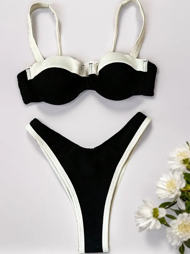 Women&prime;s Underwire Top High Waist Bottom Contrast Sexy Two Pieces Bikini