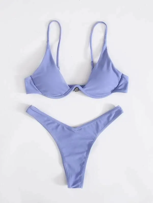 New Solid Color Underwire High Cut Two Pieces Swimsuit for Women