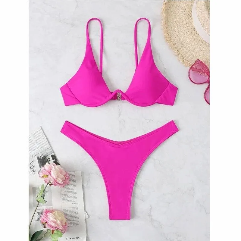 New Solid Color Underwire High Cut Two Pieces Swimsuit for Women