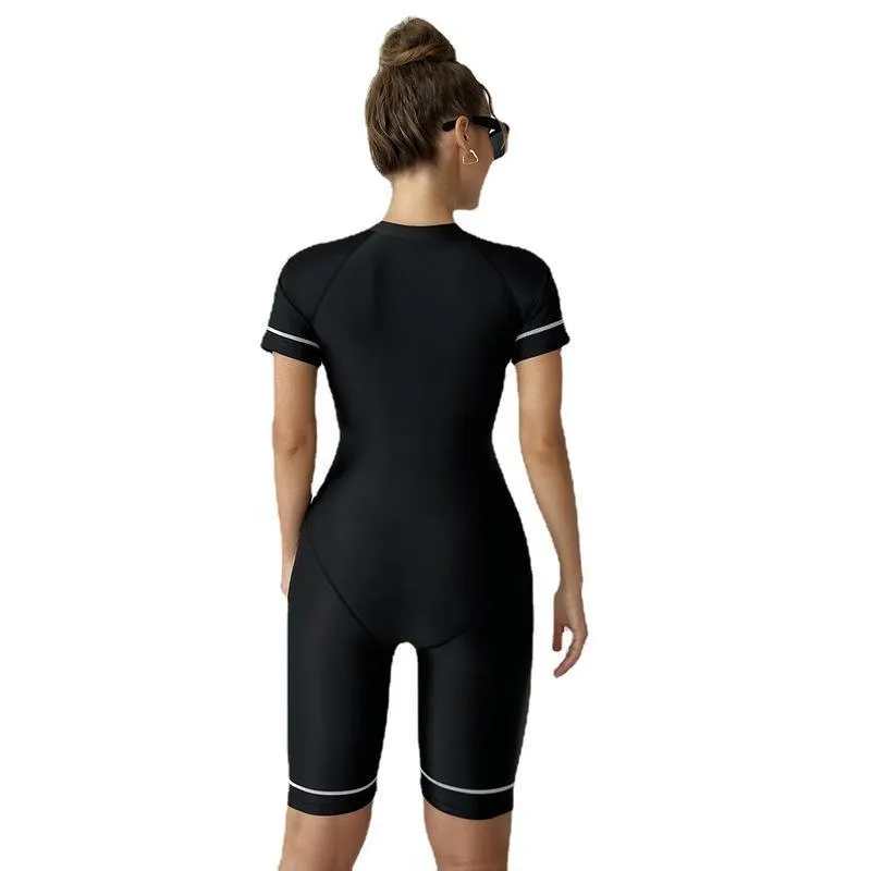 Women&prime;s One Piece Short Sleeve Contrast Piping Surfing Swimwear Sports Swimsuit