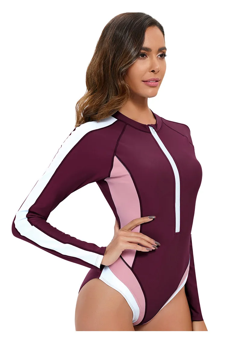 Women One Piece Contrast Color Long Sleeve Surfing Swimwear