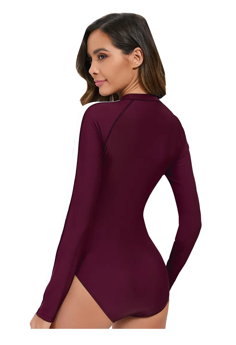 Women One Piece Contrast Color Long Sleeve Surfing Swimwear