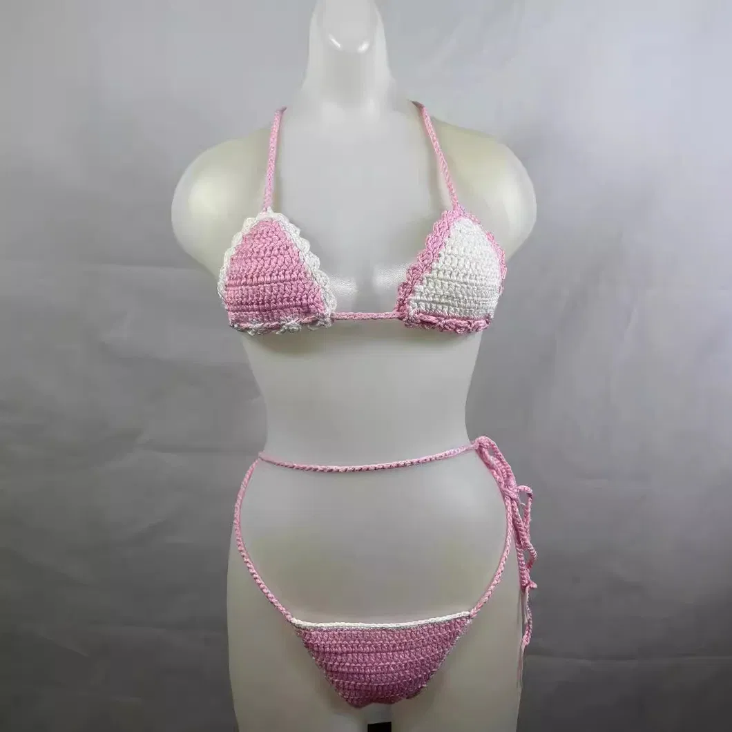 Women&prime;s Two Pieces Contrasting Color Hand Crochet Bikini